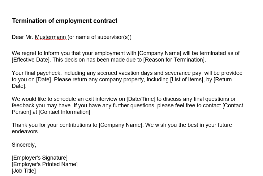 Employee Termination Letter example