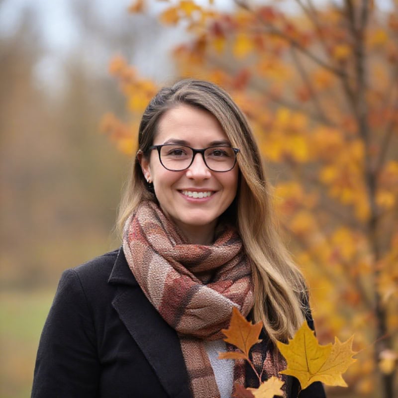 woman in glasses taking professional outdoor headshot with autumn theme