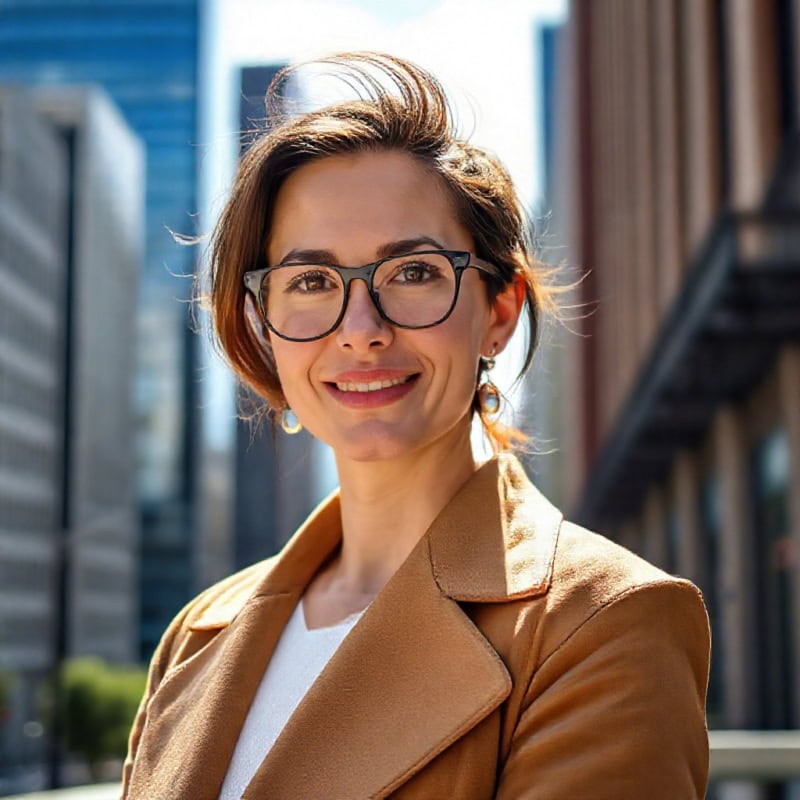 woman in beige suit taking professional outdoor headshot with cityscape background