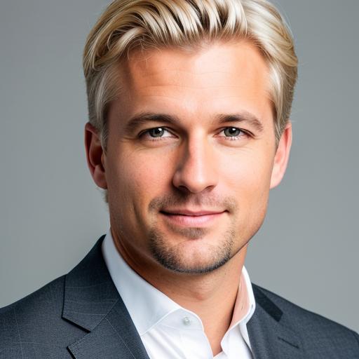 AI-generated headshot of a man with clear facial details and a modern backdrop.