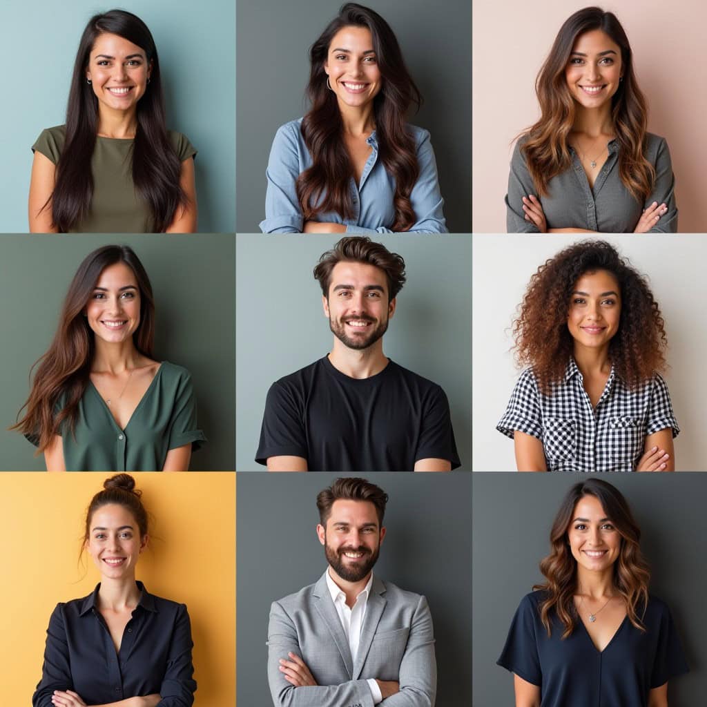 Group of headshots displaying various outfits and background combinations for different personal branding styles.