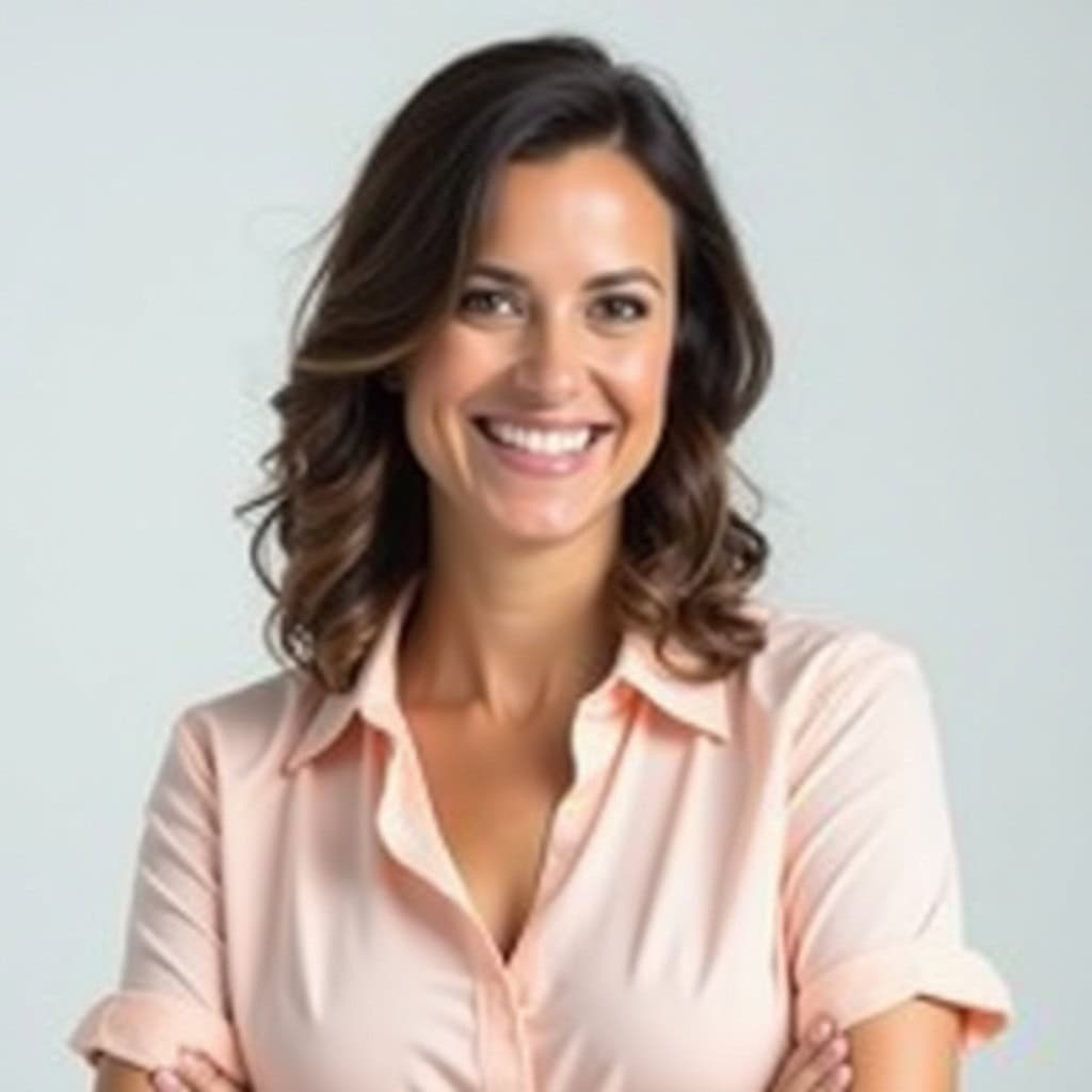 Professional woman smiling in a pastel blouse, perfectly complementing her skin tone in a studio headshot.